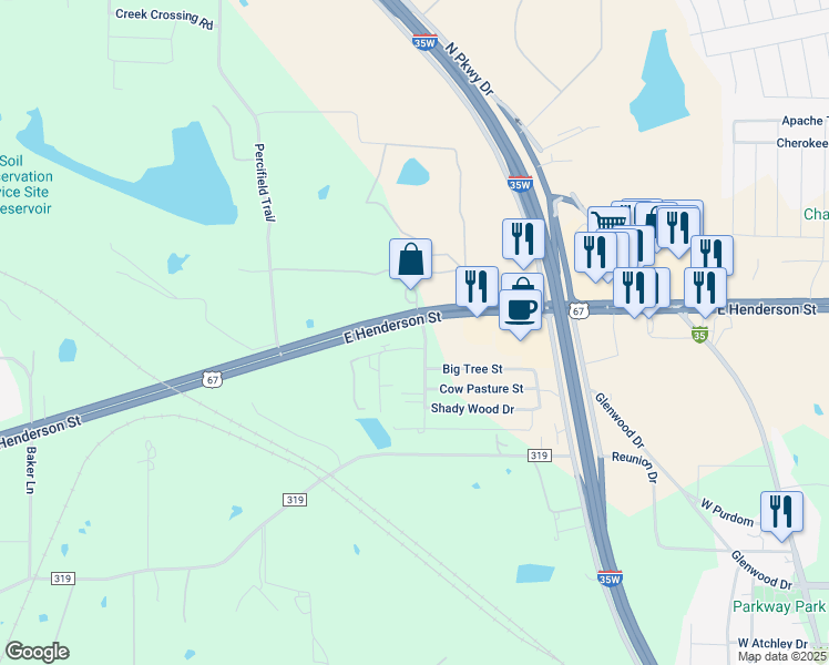 map of restaurants, bars, coffee shops, grocery stores, and more near 6732 U.S. 67 in Alvarado