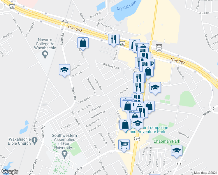 map of restaurants, bars, coffee shops, grocery stores, and more near 220 Northgate Drive in Waxahachie
