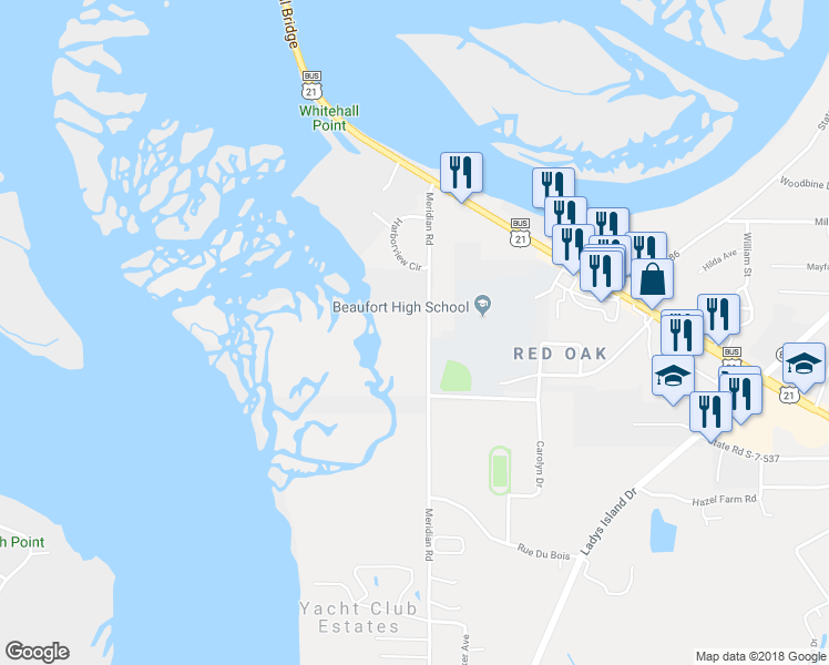 map of restaurants, bars, coffee shops, grocery stores, and more near 42 Meridian Road in Beaufort