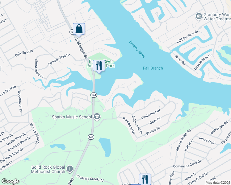 map of restaurants, bars, coffee shops, grocery stores, and more near 207 Peninsula Court in Granbury