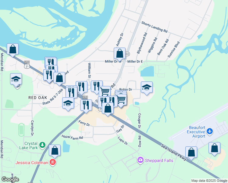 map of restaurants, bars, coffee shops, grocery stores, and more near 25 Sams Point Road in Beaufort