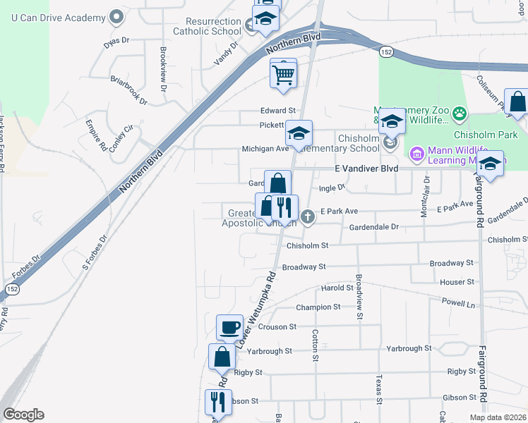 map of restaurants, bars, coffee shops, grocery stores, and more near 2826 Orlando Drive in Montgomery