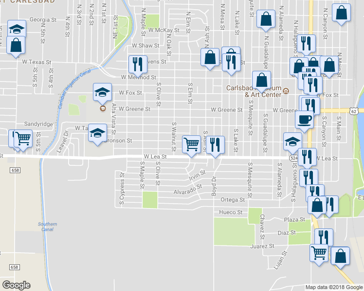 map of restaurants, bars, coffee shops, grocery stores, and more near 1105 West Bronson Street in Carlsbad