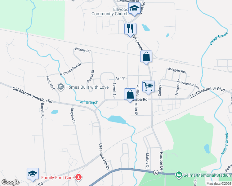 map of restaurants, bars, coffee shops, grocery stores, and more near 111 Sewell Street in Selma
