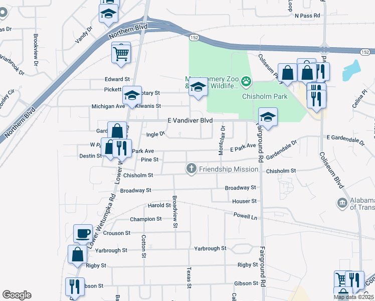 map of restaurants, bars, coffee shops, grocery stores, and more near 300 East Park Avenue in Montgomery