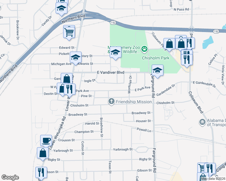 map of restaurants, bars, coffee shops, grocery stores, and more near East Park Avenue in Montgomery