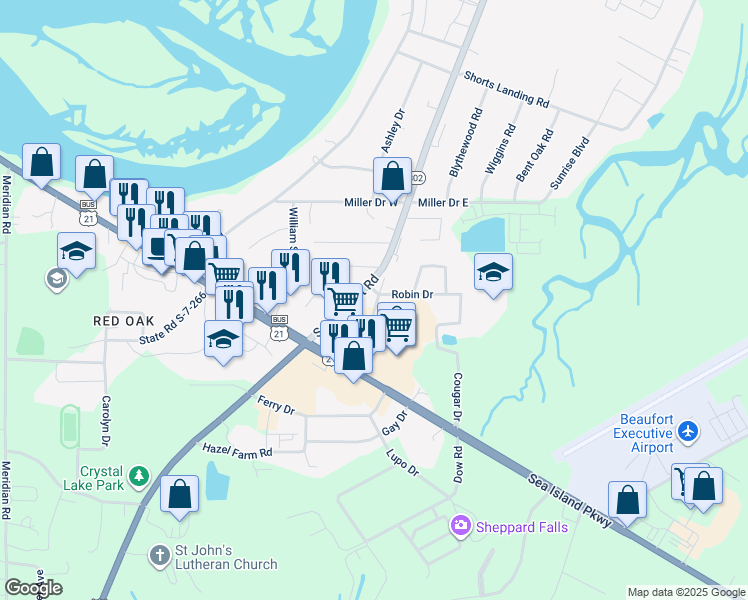 map of restaurants, bars, coffee shops, grocery stores, and more near 17-29 Sams Point Rd in Beaufort