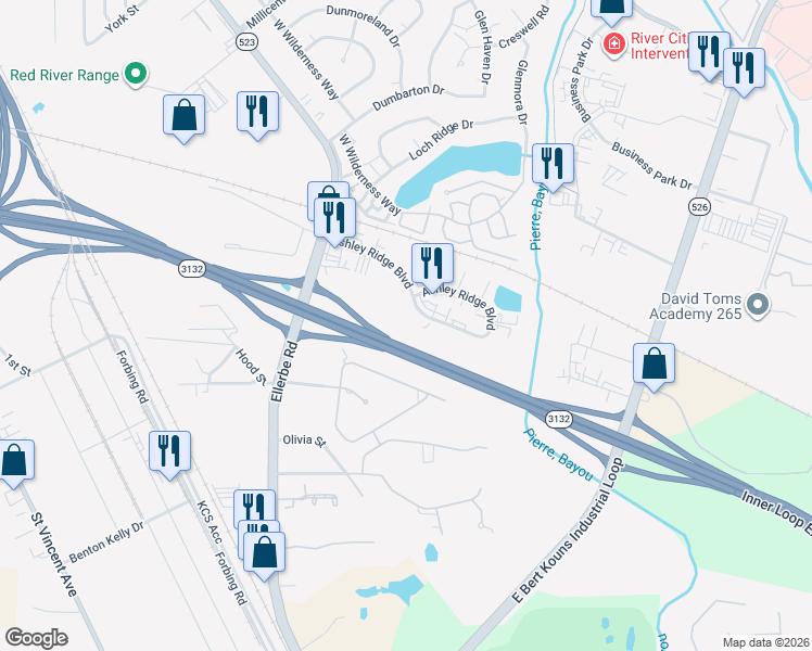 map of restaurants, bars, coffee shops, grocery stores, and more near Inner Loop Expressway in Shreveport