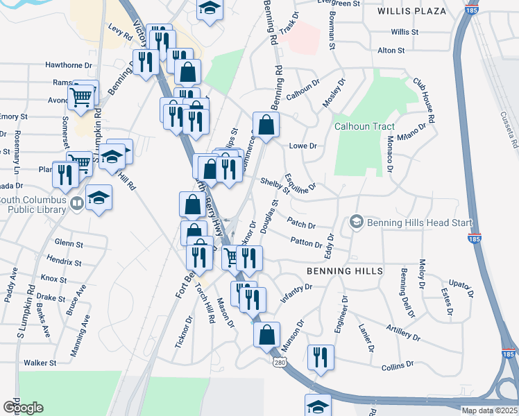 map of restaurants, bars, coffee shops, grocery stores, and more near 119 Ticknor Drive in Columbus