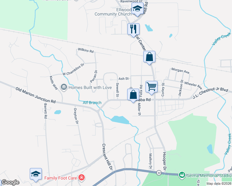 map of restaurants, bars, coffee shops, grocery stores, and more near 111 Sewell Street in Selma
