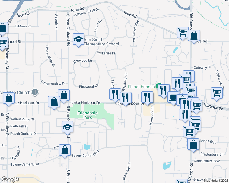 map of restaurants, bars, coffee shops, grocery stores, and more near 605 Berridge Drive in Ridgeland