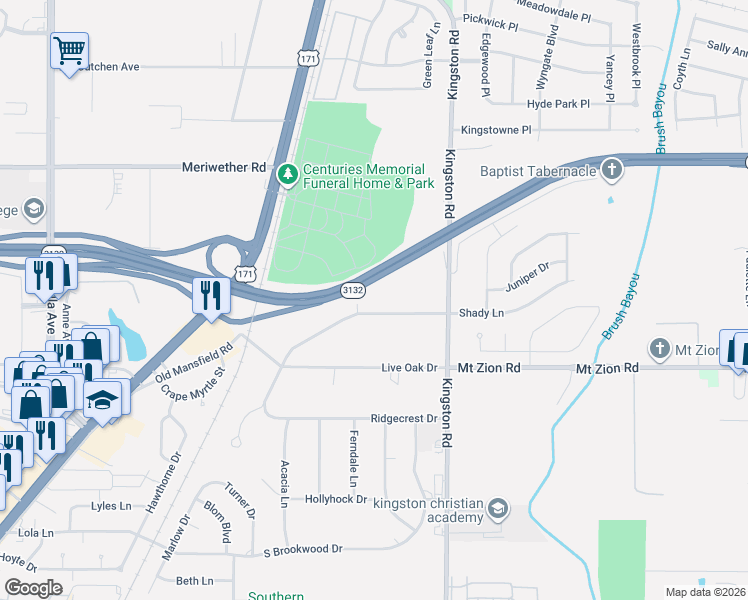 map of restaurants, bars, coffee shops, grocery stores, and more near 1831 Shady Lane in Shreveport