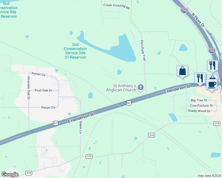 map of restaurants, bars, coffee shops, grocery stores, and more near 6401 East Henderson Street in Alvarado