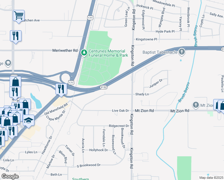 map of restaurants, bars, coffee shops, grocery stores, and more near 1831 Shady Lane in Shreveport
