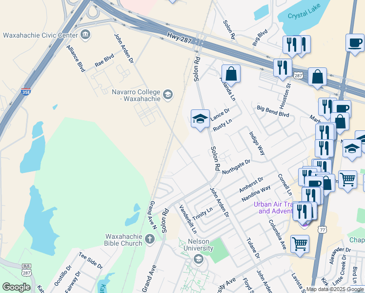 map of restaurants, bars, coffee shops, grocery stores, and more near 1831 John Arden Drive in Waxahachie