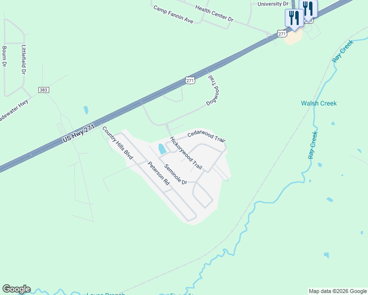 map of restaurants, bars, coffee shops, grocery stores, and more near Hickorywood Trail in Tyler