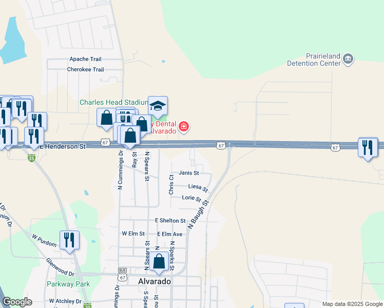 map of restaurants, bars, coffee shops, grocery stores, and more near 600 U.S. 67 in Alvarado