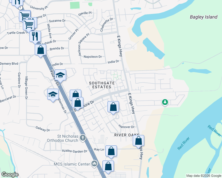 map of restaurants, bars, coffee shops, grocery stores, and more near 201 Stratmore Drive in Shreveport