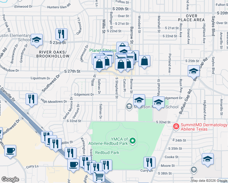map of restaurants, bars, coffee shops, grocery stores, and more near 3109 Edgemont Drive in Abilene