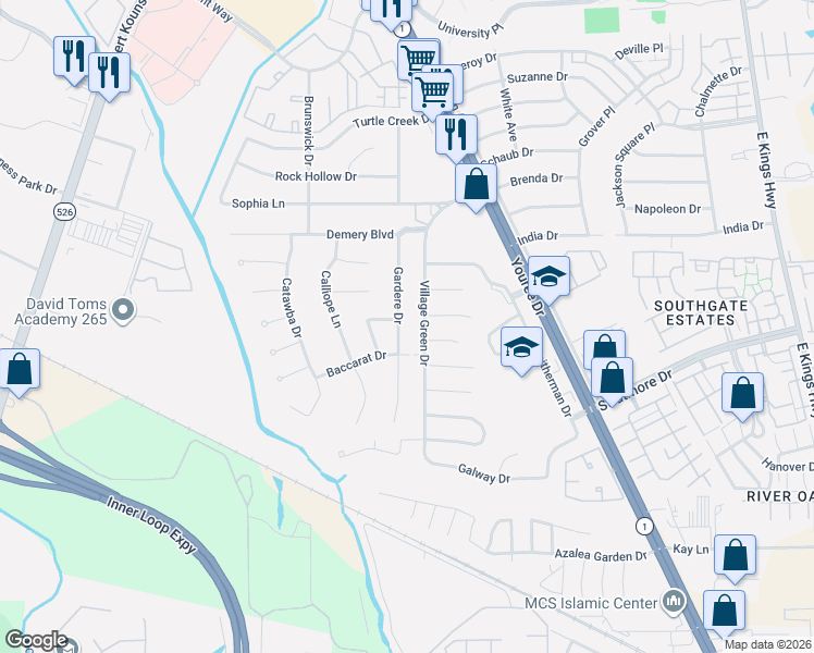 map of restaurants, bars, coffee shops, grocery stores, and more near 9659 Gardere Drive in Shreveport