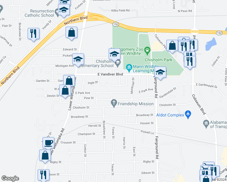 map of restaurants, bars, coffee shops, grocery stores, and more near 303 East Park Avenue in Montgomery
