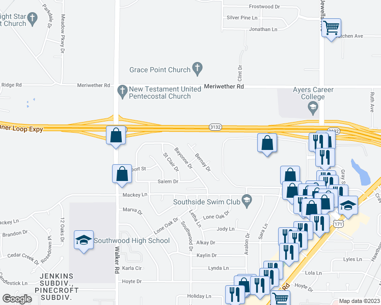 map of restaurants, bars, coffee shops, grocery stores, and more near 8864 Bernay Drive in Shreveport