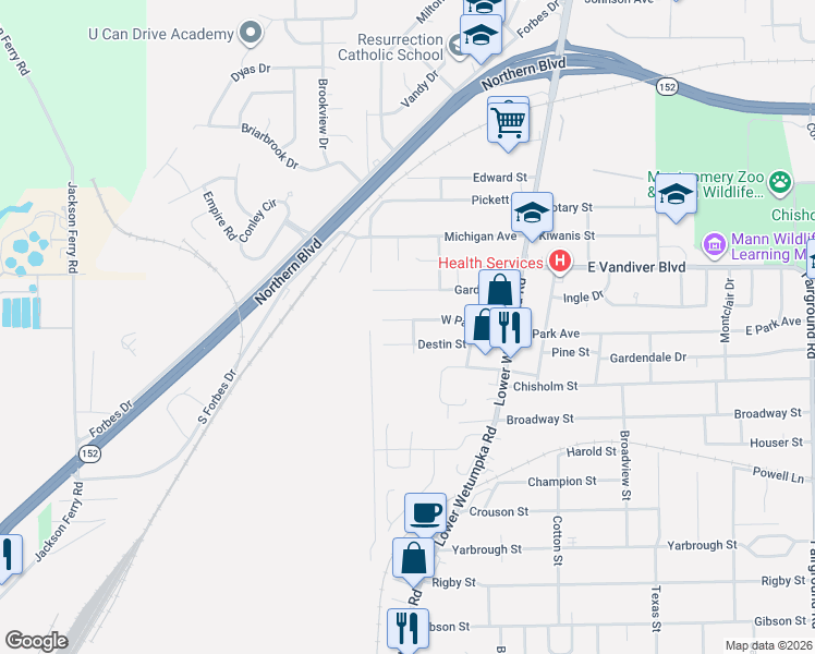map of restaurants, bars, coffee shops, grocery stores, and more near 215 Destin Street in Montgomery