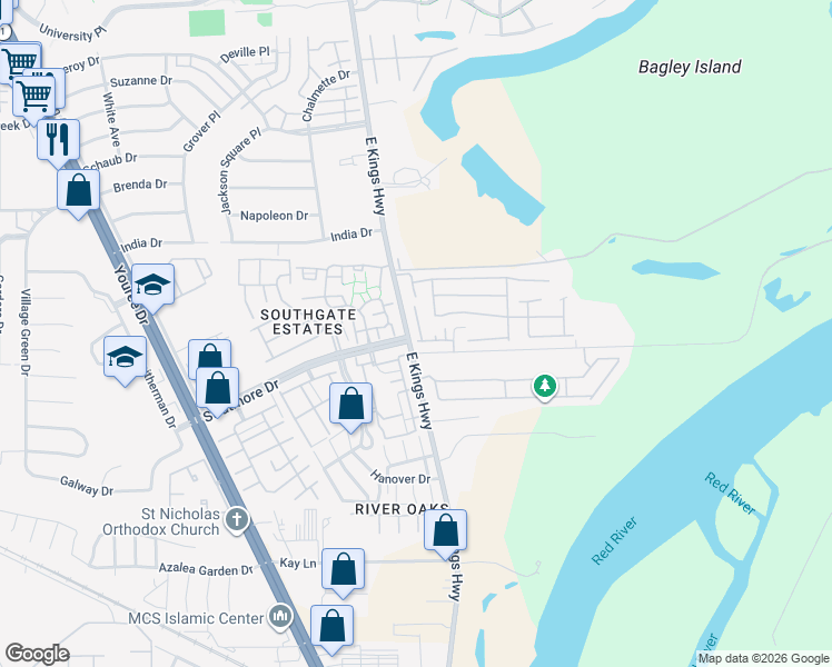 map of restaurants, bars, coffee shops, grocery stores, and more near 105 Stratmore Drive in Shreveport