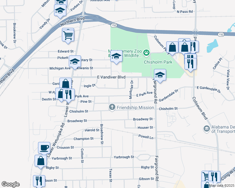 map of restaurants, bars, coffee shops, grocery stores, and more near 323 East Park Avenue in Montgomery