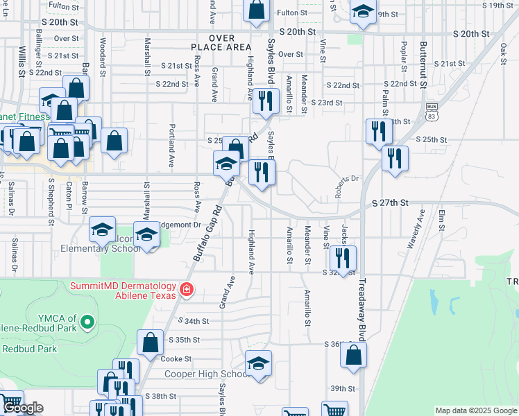 map of restaurants, bars, coffee shops, grocery stores, and more near 2800 Sayles Boulevard in Abilene