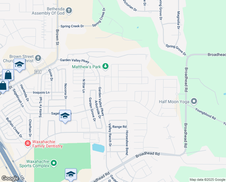 map of restaurants, bars, coffee shops, grocery stores, and more near 515 Sagebrush Lane in Waxahachie