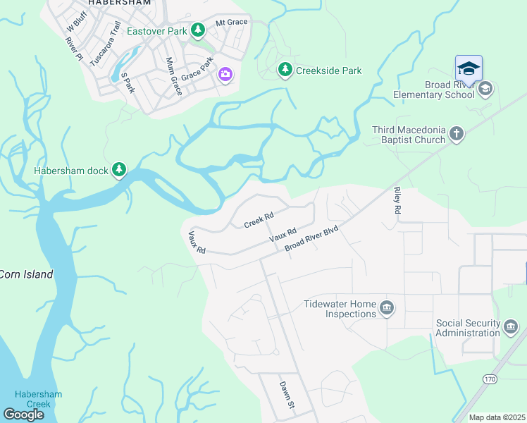 map of restaurants, bars, coffee shops, grocery stores, and more near 6005 Roberts Road in Beaufort