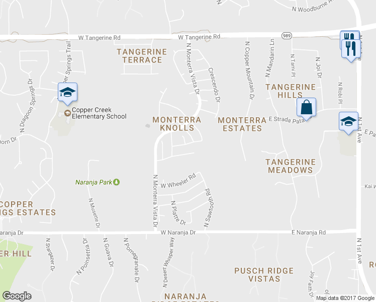 map of restaurants, bars, coffee shops, grocery stores, and more near 392 West Silvertip Road in Tucson