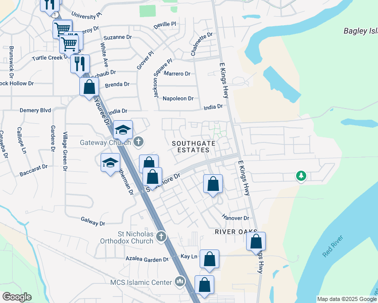 map of restaurants, bars, coffee shops, grocery stores, and more near 421 Tulip Drive in Shreveport