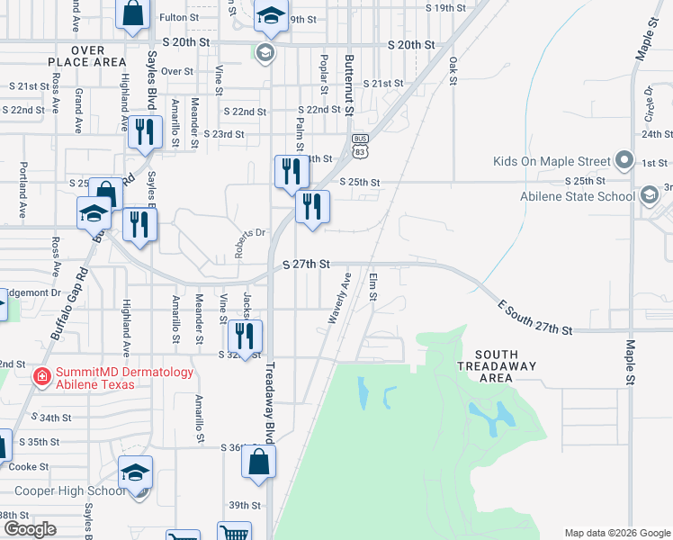 map of restaurants, bars, coffee shops, grocery stores, and more near 2817 Poplar Street in Abilene