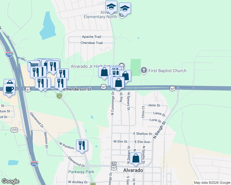 map of restaurants, bars, coffee shops, grocery stores, and more near 311 U.S. 67 in Alvarado