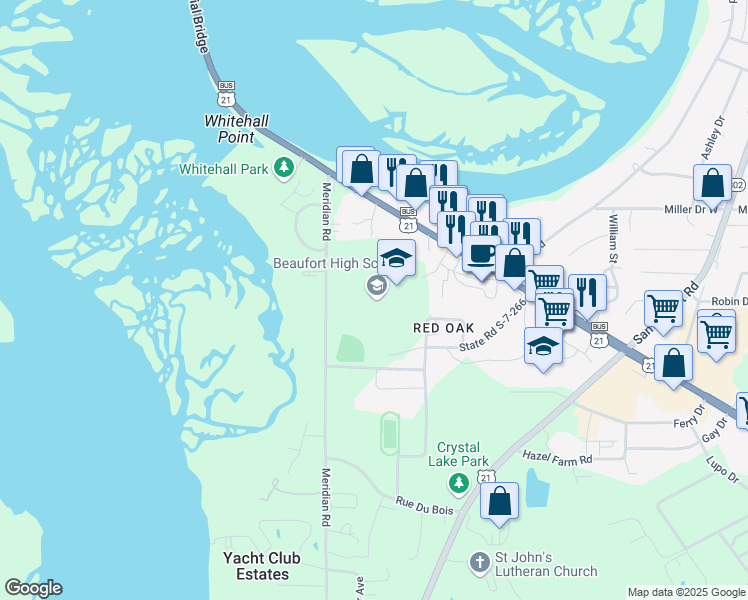map of restaurants, bars, coffee shops, grocery stores, and more near 84 Sea Island Parkway in Beaufort