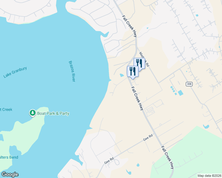 map of restaurants, bars, coffee shops, grocery stores, and more near 6424 Walters Bend Court in Granbury