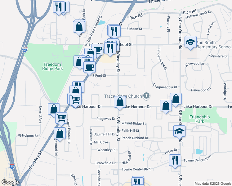 map of restaurants, bars, coffee shops, grocery stores, and more near 474 South Wheatley Street in Ridgeland