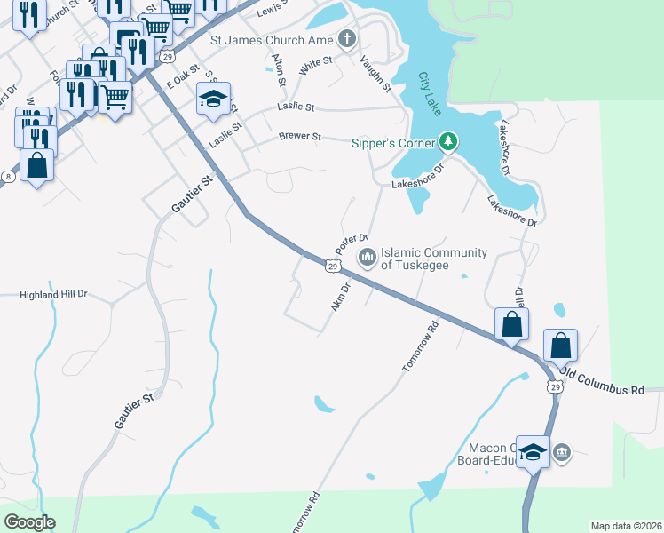 map of restaurants, bars, coffee shops, grocery stores, and more near South Main Street in Tuskegee