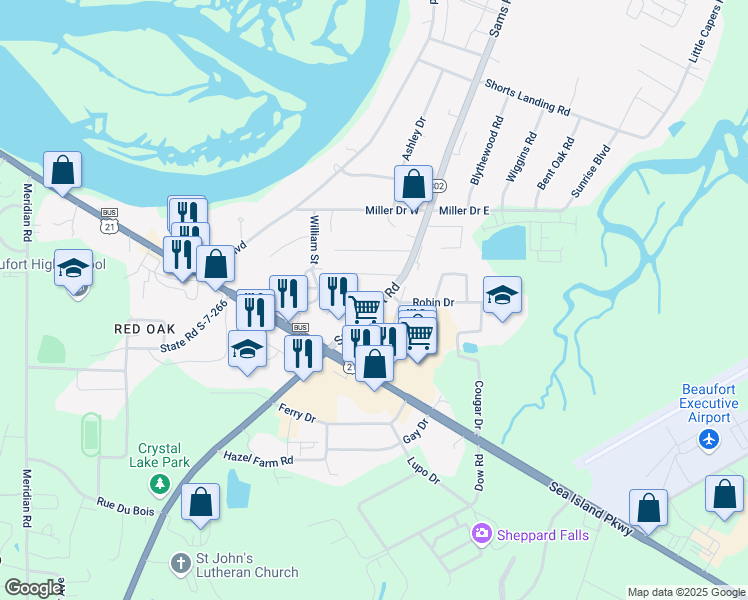 map of restaurants, bars, coffee shops, grocery stores, and more near 25 Sams Point Road in Beaufort