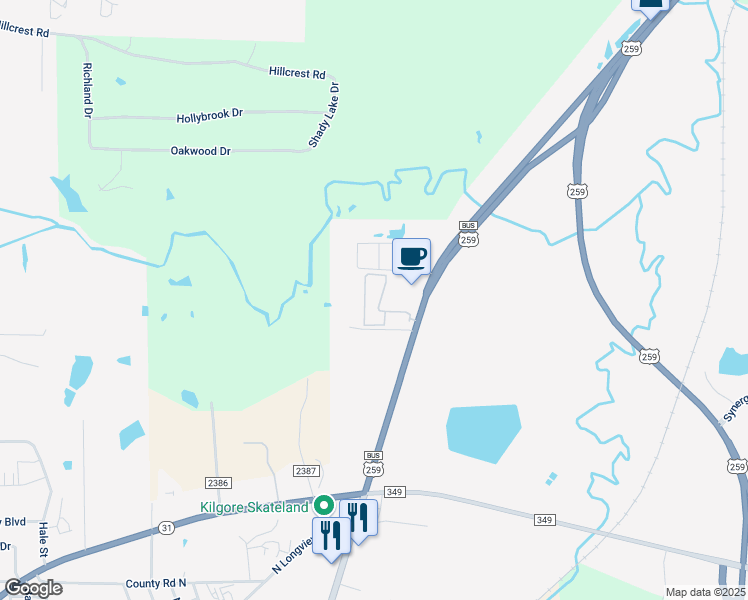 map of restaurants, bars, coffee shops, grocery stores, and more near 3407 US Highway 259 North in Kilgore