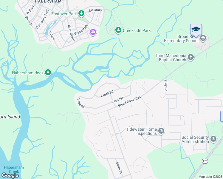 map of restaurants, bars, coffee shops, grocery stores, and more near 6005 Roberts Road in Beaufort