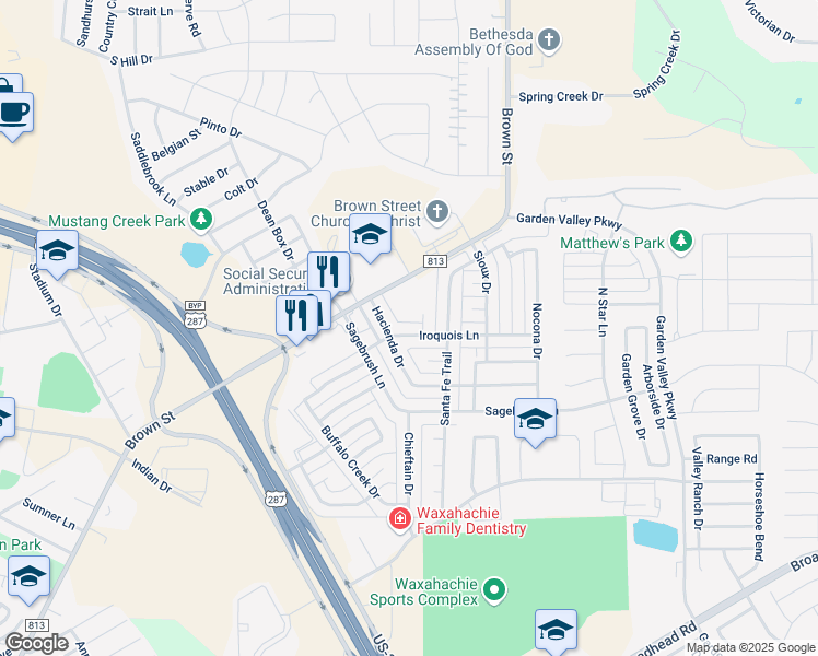map of restaurants, bars, coffee shops, grocery stores, and more near 203 Hacienda Drive in Waxahachie