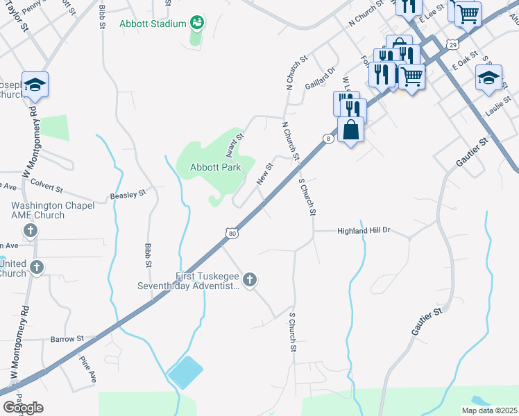 map of restaurants, bars, coffee shops, grocery stores, and more near U.S. 80 in Tuskegee