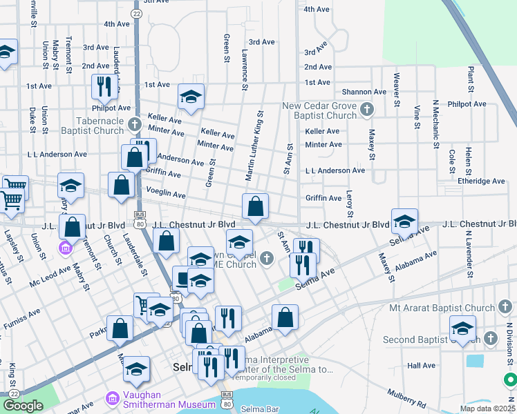 map of restaurants, bars, coffee shops, grocery stores, and more near 1618-1698 Griffin Avenue in Selma