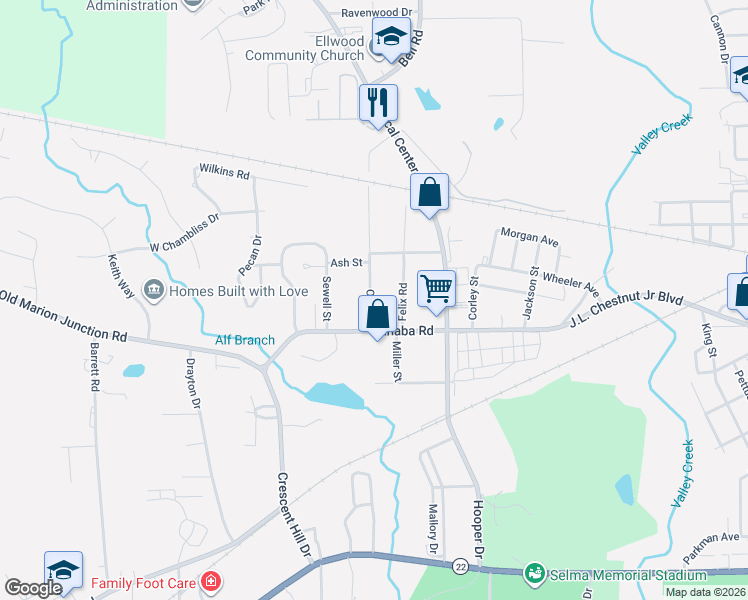 map of restaurants, bars, coffee shops, grocery stores, and more near 127 Felix Road in Selma