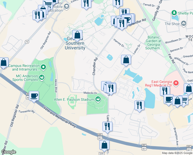 map of restaurants, bars, coffee shops, grocery stores, and more near 1807 Chandler Road in Statesboro