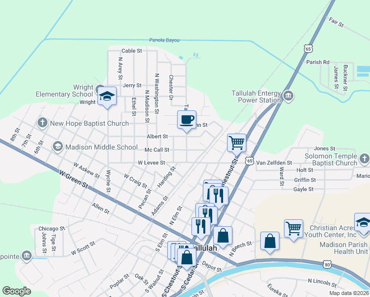 map of restaurants, bars, coffee shops, grocery stores, and more near 113-199 Albert St in Tallulah