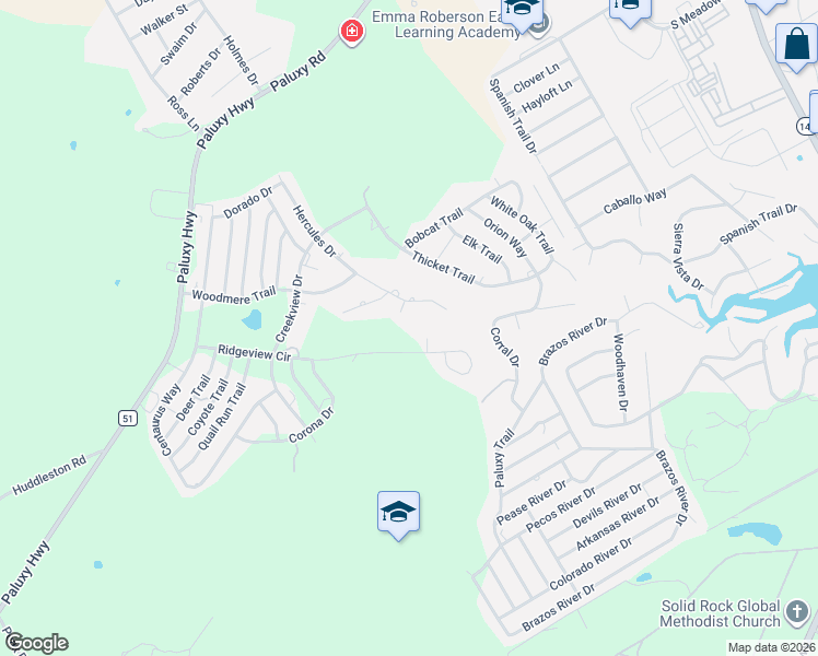 map of restaurants, bars, coffee shops, grocery stores, and more near 2510 Hercules Court in Granbury